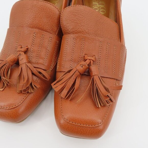 Franco Sarto Women 7.5 M ROME Cognac Brown Leather Tassel Gold Trim Loafer Heels - Picture 3 of 13